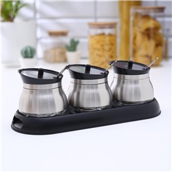 Набор стеклянных банок для сыпучих продуктов «Сияние», 31×12×12 см, на подставке, 3 шт., цвет чёрный