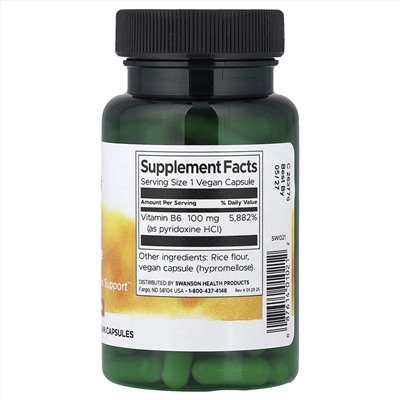 Swanson, витамин B6 и пиридоксин, 100 мг, 100 веганских капсул