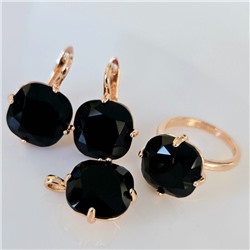 Комплект ювелирной бижутерии коллекция "Дубай" серьги, кулон и кольцо 17 р, покрытие позолота, вставка: искусственный кристалл под Сваровски, цвет: черный, арт.314.817-17