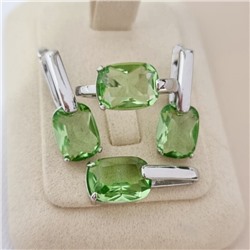 Комплект ювелирной бижутерии коллекция "Дубай" серьги, кулон и кольцо 17 р покрытие посеребрение, вставка: стекло, цвет: светло-зеленый, арт.215.537-17