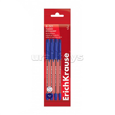 Набор из 4 ручек шариковых Stick&Grip Classic 1.0, цвет чернил синий (в пакете)