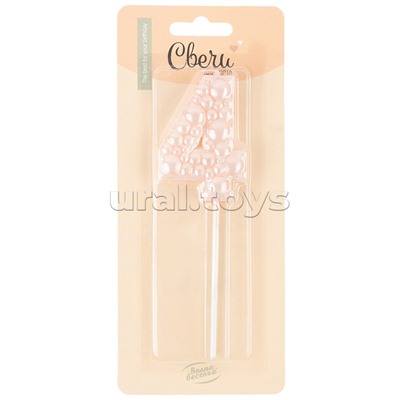 Свеча Цифра, 4 Воздушный жемчуг, на шпажке, Нежно-розовый, Перламутр, 6 см, 1 шт. с держателем