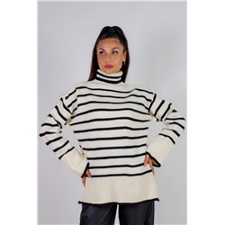 Теплая туника в полоску высокий ворот арт. 2918 (Молочный_черная полоса)