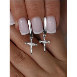 Серьги женские с гвоздиками в виде креста из серебра с фианитами родированные 925 пробы 421-10-633р