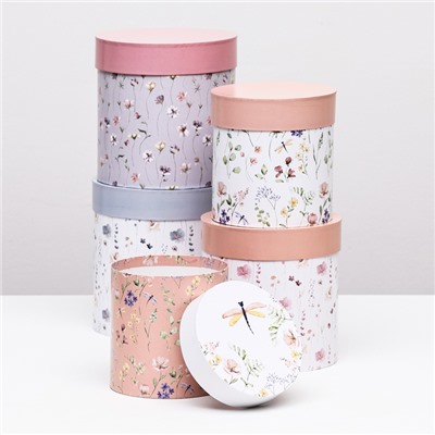 Набор круглых подарочных коробок 5 в 1 «Мини - цветы», 20×20 - 14×14 см