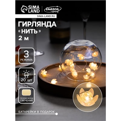 Гирлянда «Нить» 2 м роса с насадками «Цветы», IP20, нить серебристая, 20 LED, 4.6 В, батарейки AG13×3 (в комплекте), 3 режима, свечение тёплое белое