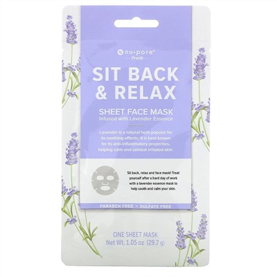 Nu-Pore, Sit Back & Relax, успокаивающая тканевая маска для лица, лаванда, 1 шт., 29,7 г (1,05 унции)