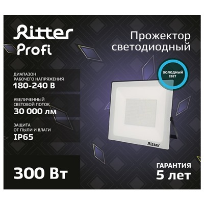 Прожектор светодиодный, серия PROFI, 230 В, 300 Вт, 6500К, 30000 Лм, IP65, чёрный