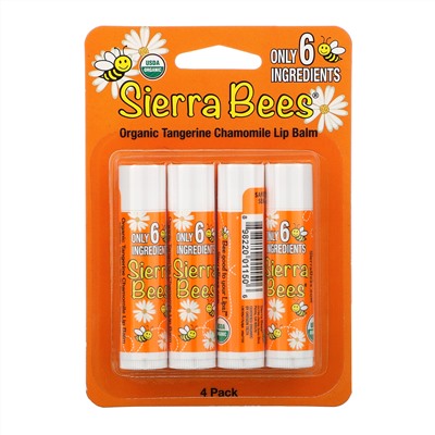 Sierra Bees, Органические бальзамы для губ, мандарин и ромашка, 4 шт. в упаковке, 0,15 унции (4,25 г) каждый