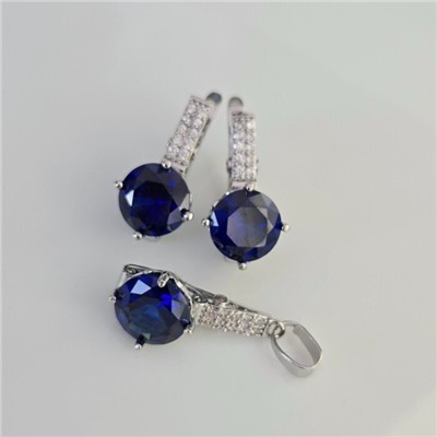 Комплект ювелирной бижутерии коллекция "Дубай" серьги и кулон, покрытие посеребрение, вставка: фианиты и цирконы, цвет: синий и прозрачный, арт.414.014