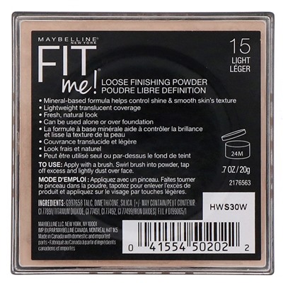 Maybelline, Fit Me, рассыпчатая пудра, оттенок 15 «Светлый», 20 г