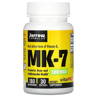 Jarrow Formulas, MK-7, самая активная форма витамина K2, 180 мкг, 30 мягких таблеток