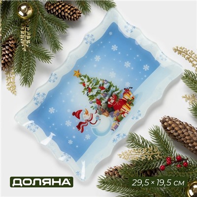 Блюдо новогоднее Доляна «Зимняя сказка», 29.5×19.5 см, стекло, голубое