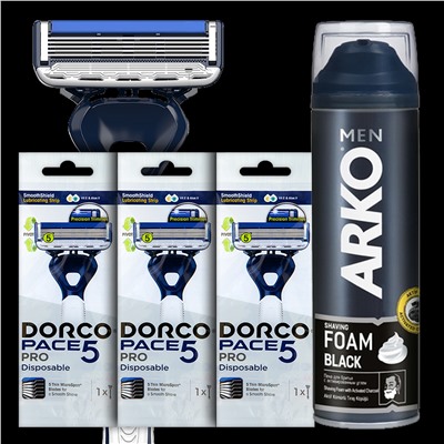 Набор подарочный DORCO РАСЕ-5 PRO (2 предмета) (Станок 3шт. с несъемной головкой + пена д/бритья ARKO 200мл в косметичке