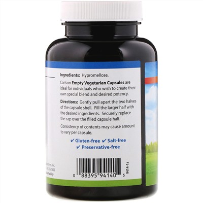 Carlson Labs, пустые вегетарианские капсулы №1, 200 капсул