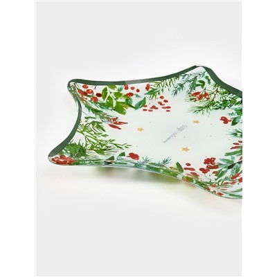 Блюдо новогоднее сервировочное Доляна «Еловые ветки», d=19.5 см, стекло, белое, зелёное