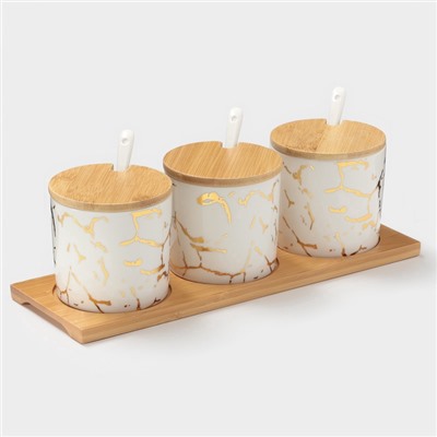УЦЕНКА Набор банок на деревянной подставке 3 шт. «Эстет. Gold» 29.5×10×10 см, белая