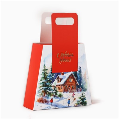 Коробка подарочная новогодняя складная с ручками «Домик в лесу» 23×8×32 см