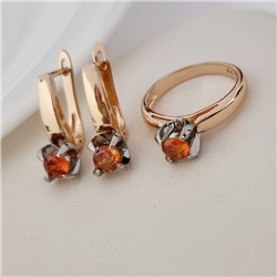 Комплект ювелирной бижутерии коллекция "Дубай" серьги и кольцо 20 р, покрытие позолота, вставка: фианиты, цвет: оранжевый, арт.313.200-20