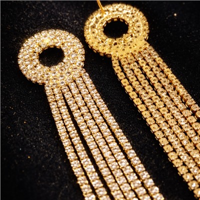 Серьги длинные женские вечерние со стразами, цвет: золотистый и прозрачный, арт.012.046