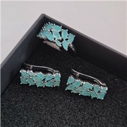 Комплект ювелирная бижутерия, серьги и кольцо посеребрение, камни цвет тиффани, р-р 20, 542809 арт.847.843