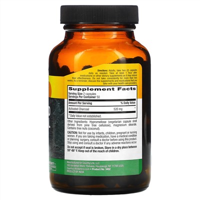 Country Life, Activated Charcoal, 260 mg, 100 Vegan Capsules