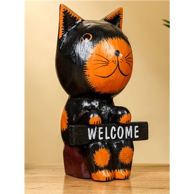 Сувенир «Кот с табличкой WELCOME», 10×7×16 см, дерево, чёрно-рыжий