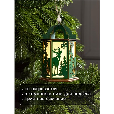 Ёлочная игрушка «Зелёный фонарь с оленем», 13×9×9 см, от батареек, свечение тёплое белое