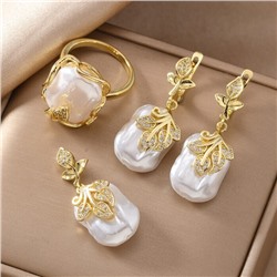 Комплект ювелирной бижутерии Итальянское золото (покрытие желтое 14к) серьги, кулон и кольцо 20 р, вставка: фианиты и искуственный жемчуг, цвет: жемчужный и прозрачный, арт.217.336-20