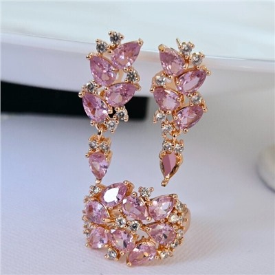 Комплект ювелирная бижутерия коллекция  "Дубай" серьги и кольцо 19 р, покрытие: позолота, вставка: фианиты, цвет: розовый и прозрачный, арт.313.040-19