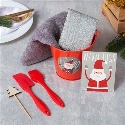 Набор новогодний подарочный кухонный «Ho-Ho-Ho» : полотенце 30×60, лопатка, кисть, губка