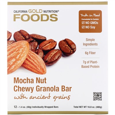 California Gold Nutrition, Foods, жевательные батончики-мюсли с мокко и орехами, 12 шт., по 40 г (1,4 унции) каждый