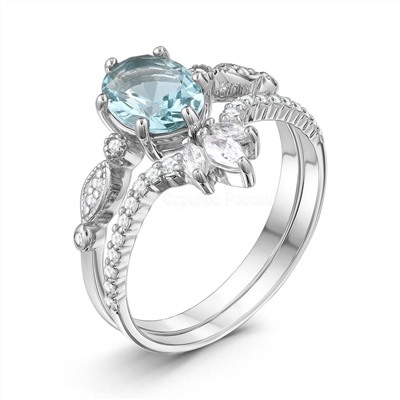 Кольцо двойное из серебра с пл. кварцем цв. Sky топаз и фианитами родированное 925 пробы К-3922рс10200