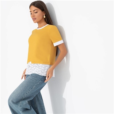 Футболка комбинированная с шитьём, Романтика с перчинкой (горчичная)