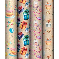 Упаковочная бумага крафт 70*100см, "Happy birthday", 70 г/м2, ассорти, 4 дизайна
