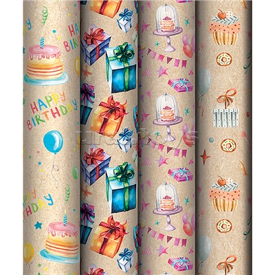 Упаковочная бумага крафт 70*100см, "Happy birthday", 70 г/м2, ассорти, 4 дизайна