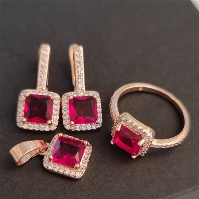 Комплект ювелирной бижутерии Дубайское золото, серьги, кулон и кольцо 17 р, покрытие позолота, цвет: красный, арт. 213.076-17