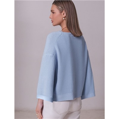 Укороченный джемпер с широкими рукавами рельефной вязки из хлопка с акрилом