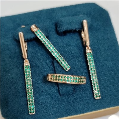 Комплект ювелирная бижутерия коллекция  "Дубай" серьги, кулон и кольцо 18 р, покрытие: позолота, вставка: фианиты, цвет: зеленый, арт.215.411-18