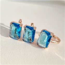 Комплект ювелирная бижутерия коллекция  "Дубай" серьги и кольцо 17 р, покрытие: позолота, вставка: фианиты, цвет: голубой, арт.313.016-17