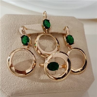 Комплект ювелирной бижутерии коллекция "Дубай" серьги, кулон и кольцо 19 р, покрытие позолота, вставка: фианиты, цвет: зеленый, арт.217.478-19