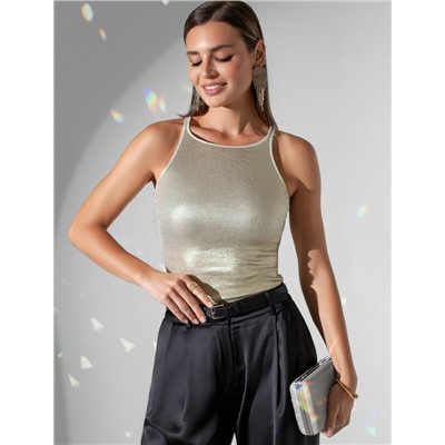 Топ с закрытым декольте из хлопка с эластаном в рубчик с матовым покрытием металлик