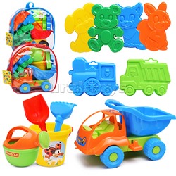 Набор №301 (в рюкзаке): "Муравей", автомобиль-самосвал + ведро малое, лопатка №5, грабельки №5, формочки (самосвал + паровоз + белочка + пёсик + котёнок + медведь), лейка малая №4