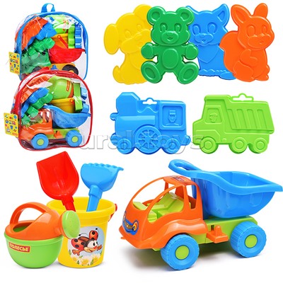 Набор №301 (в рюкзаке): "Муравей", автомобиль-самосвал + ведро малое, лопатка №5, грабельки №5, формочки (самосвал + паровоз + белочка + пёсик + котёнок + медведь), лейка малая №4