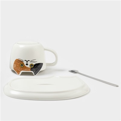 Чайная пара «Котик», 3 предмета: чашка 200 мл, блюдце 18.8×13.6 см, ложка, керамика, белая