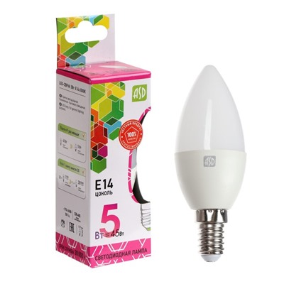 Лампа светодиодная ASD LED-СВЕЧА-standard, Е14, 5 Вт, 230 В, 6500 К, 450 Лм