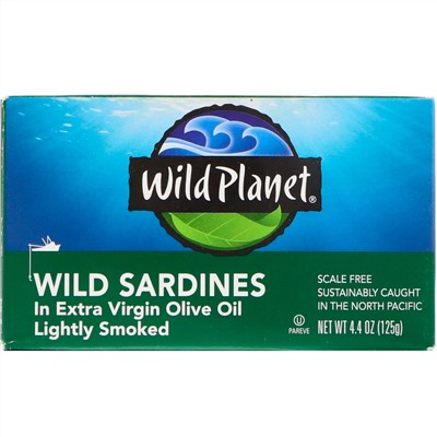 Wild Planet, Сардины, выловленные в диких условиях, в оливковом масле первого отжима, Слегка подкопченные, 4,4 унц. (125 г)