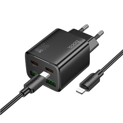Адаптер Сетевой с кабелем Hoco N56 2Type-C/2USB 3A/30W (Type-C/Lightning) (black)