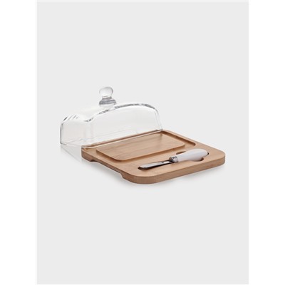 Маслёнка, 19×18×9.5 см, с ножом, на бамбуковой подставке, стекло, прозрачная