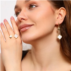 Комплект ювелирной бижутерии Итальянское золото (покрытие желтое 14к) в форме клевера серьги подвески и кольцо разъемное, вставка: искуственный перламутр, арт.213.637